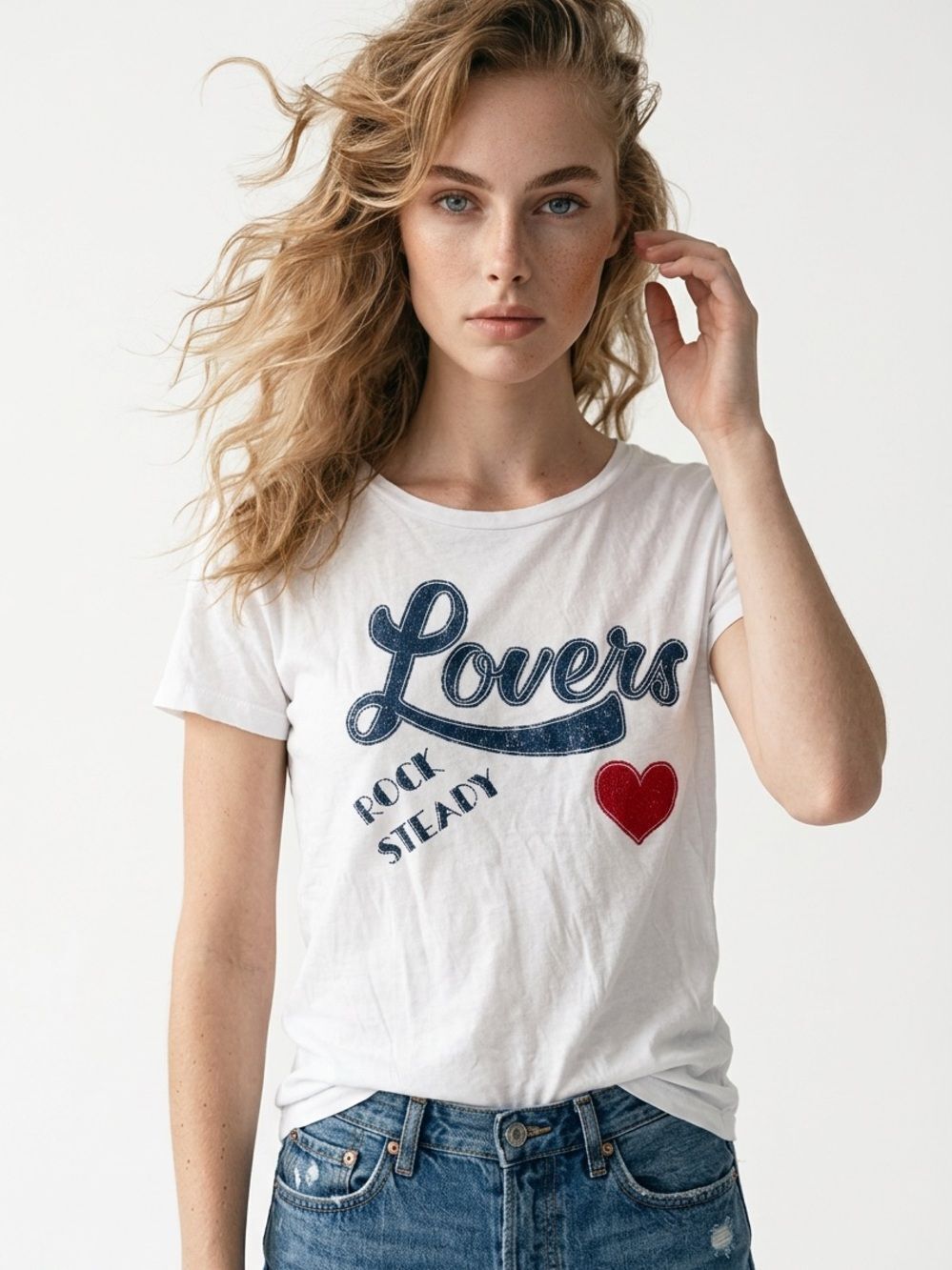 CHASER | NEW Lovers Rock Steady Graphic Tee White with Navy & Red Women’s Size S